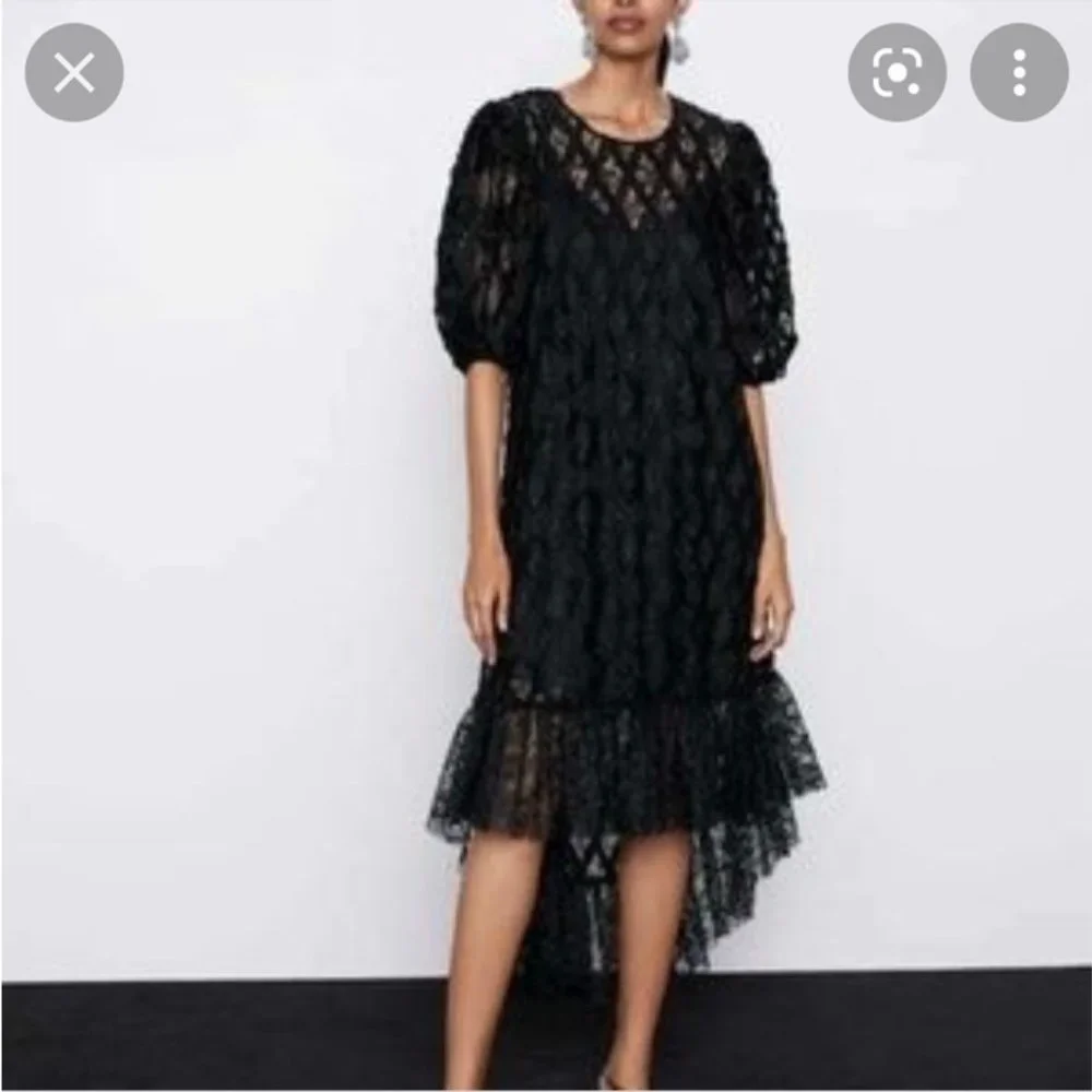 NWT ZARA Asymmetrical Lace Ruffle Dress Black Hi-Lo Slip Liner Gorgeous